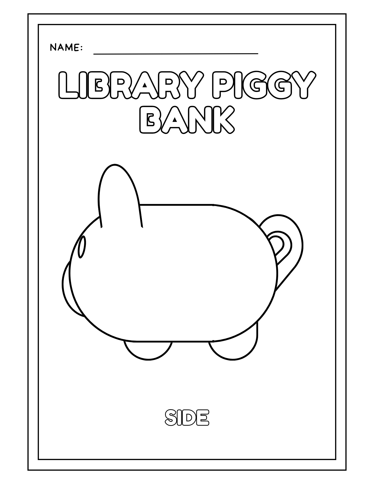 A coloring page labeled "Library Piggy Bank" featuring an outline of a pig-shaped bank.