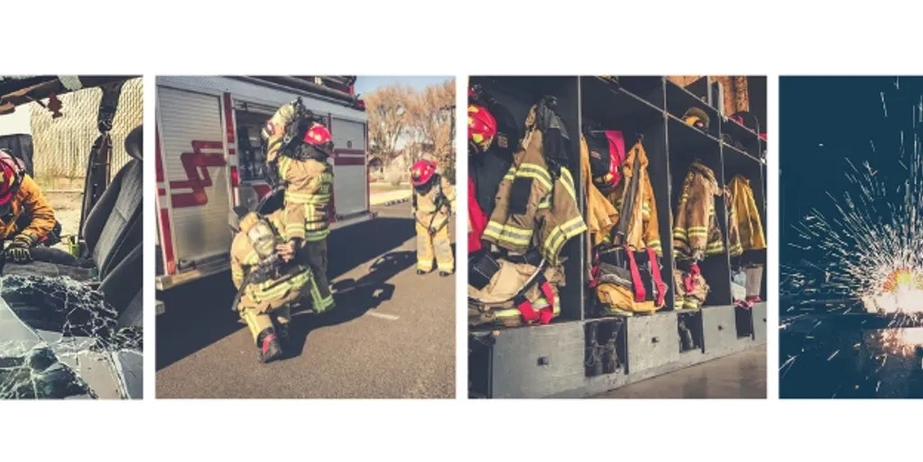 Firefighter getting gear off truck, firefighter gear in closet, expulsion