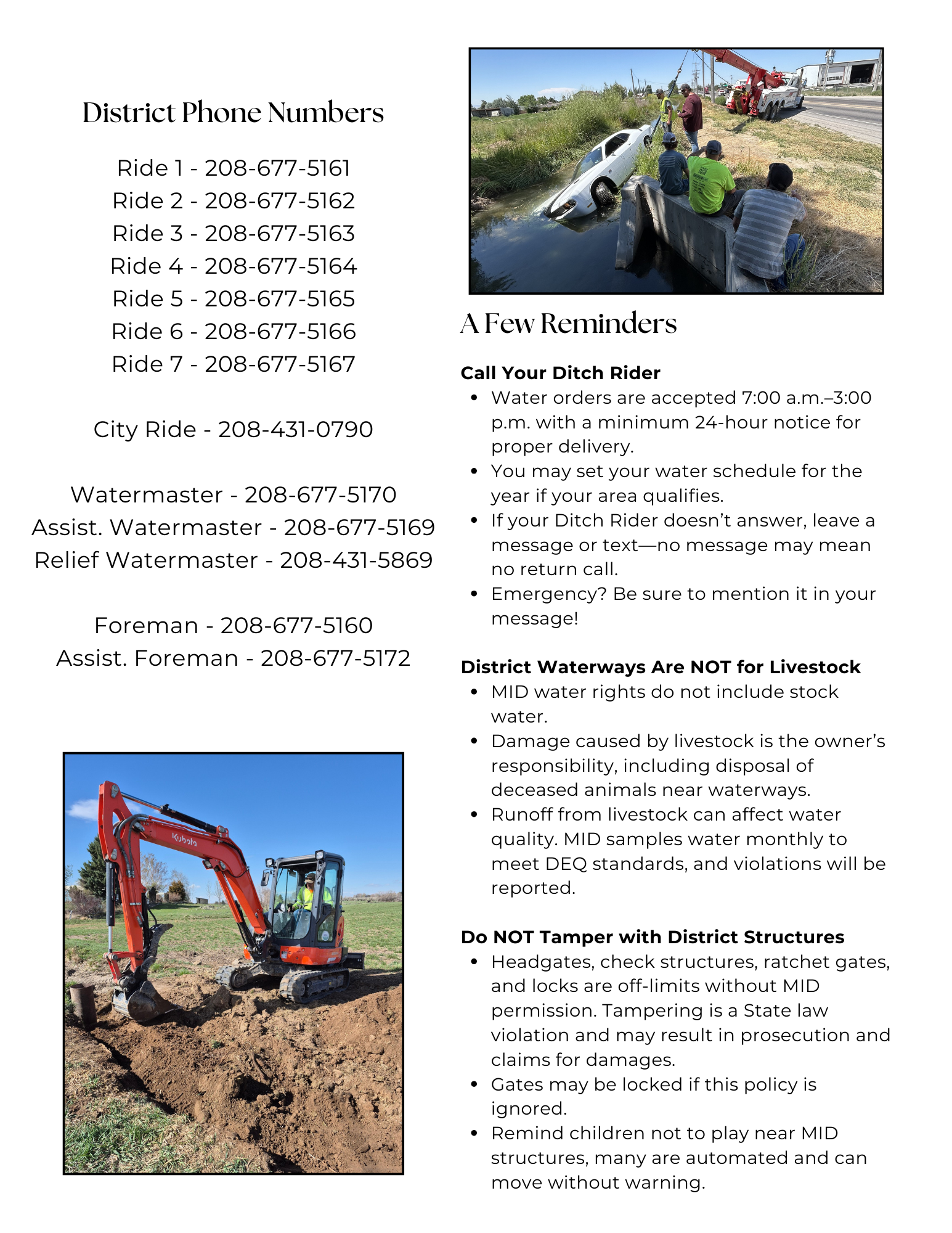 The image contains guidelines and contact numbers for water management, emphasizing water orders, livestock policies, and tampering regulations.