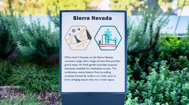 Sign about Sierra Nevada with icons of mountains and trees. Describes office level 5, views, an herb garden, and conference rooms.