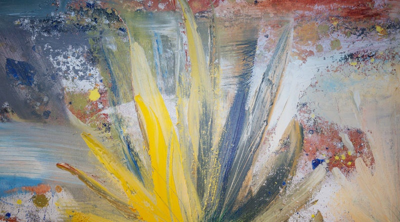 Abstract painting with bold yellow and blue brushstrokes, textured with splashes of color.