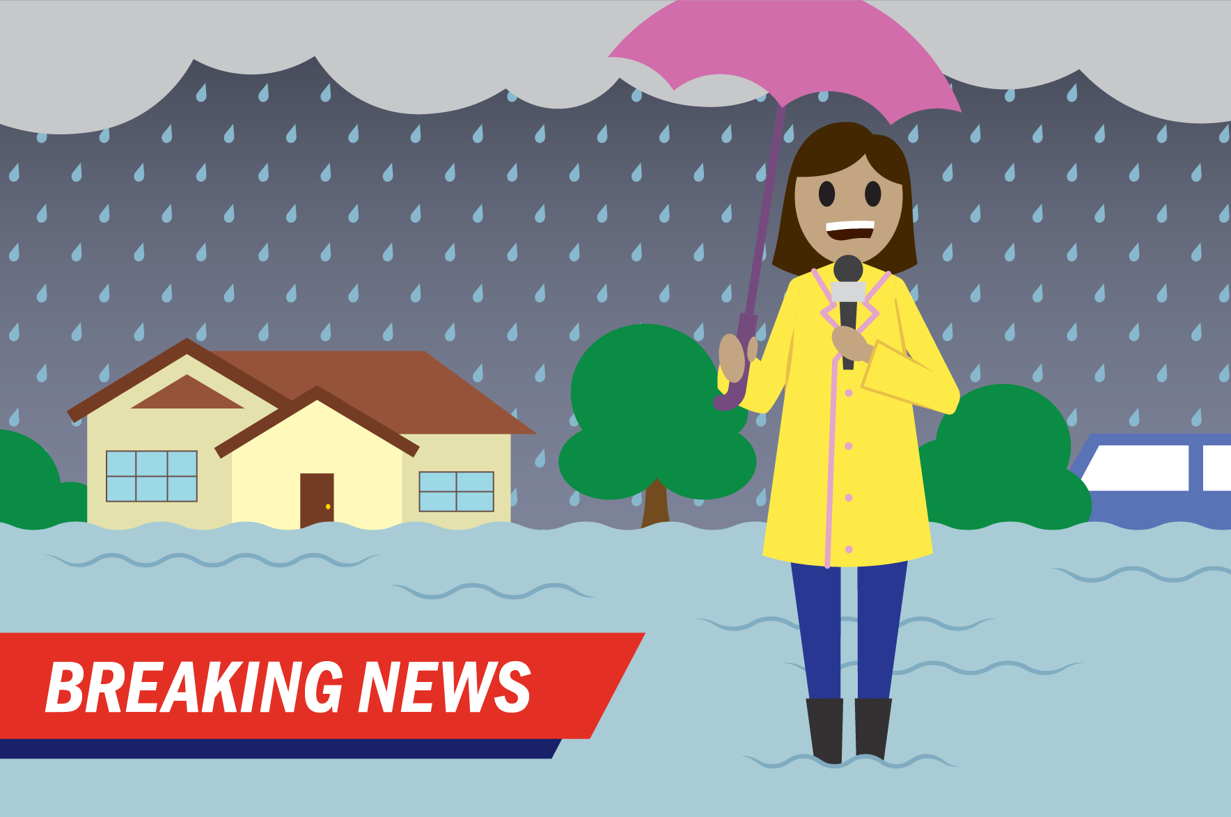 Cartoon reporter wearing a rain coat and holding an umbrella and a microphone. Rain in the background and "Breaking News" written in the foreground..