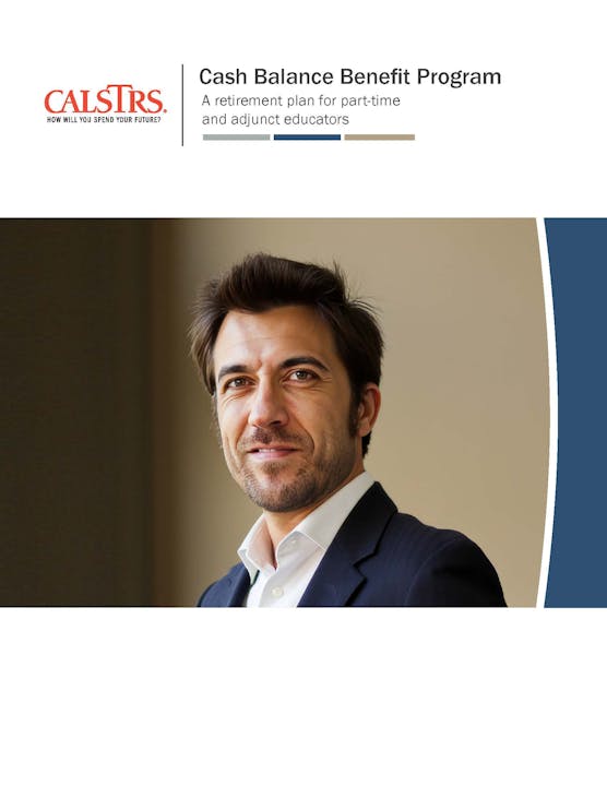 Cash Balance Benefit Program for part-time educators; features a man in a suit.