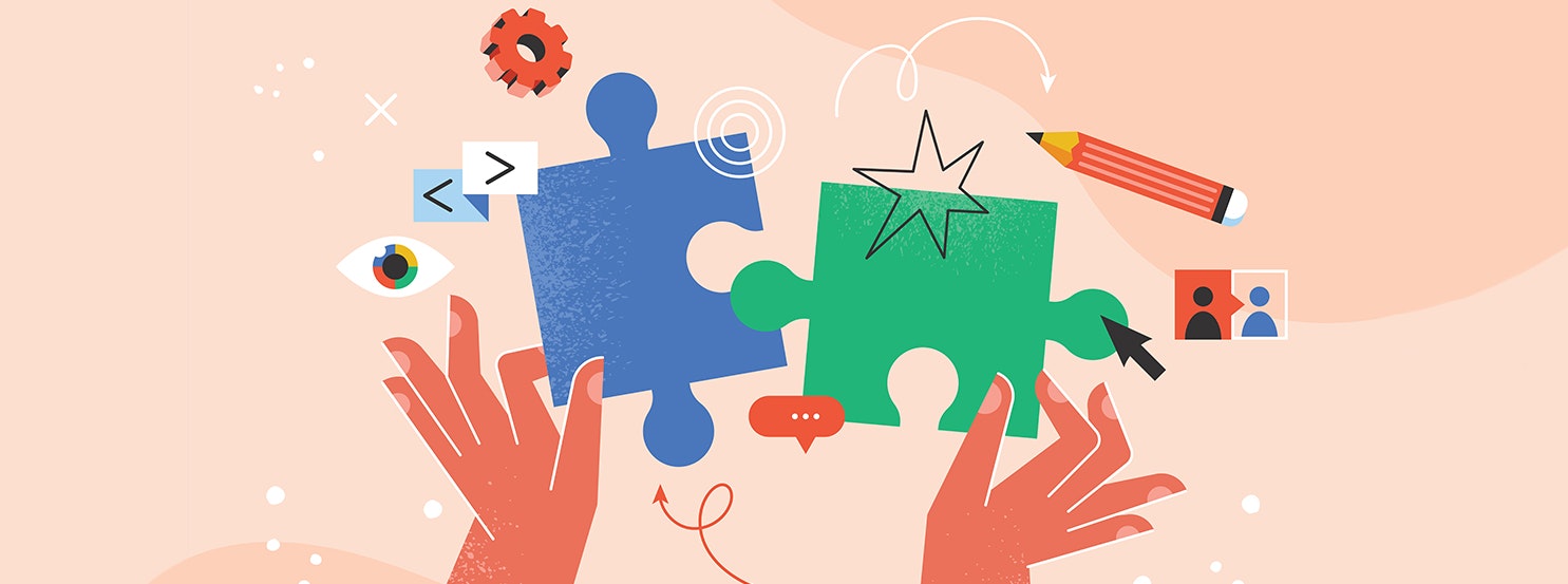 Hands holding puzzle pieces with symbols of collaboration, creativity, and communication around them.