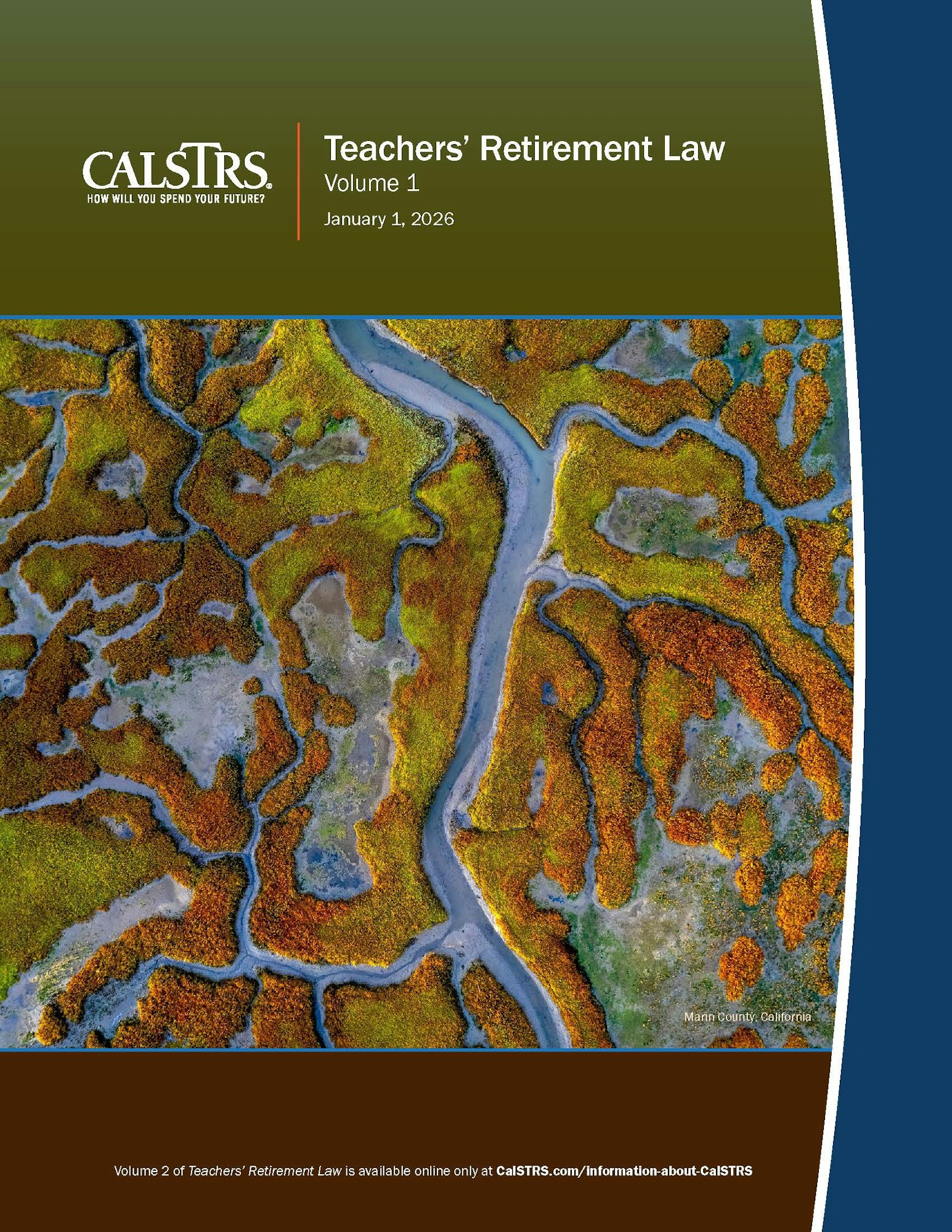 The image is a cover for "Teachers’ Retirement Law Volume 1," issued by CalSTRS, dated January 1, 2026, with a nature-themed background.