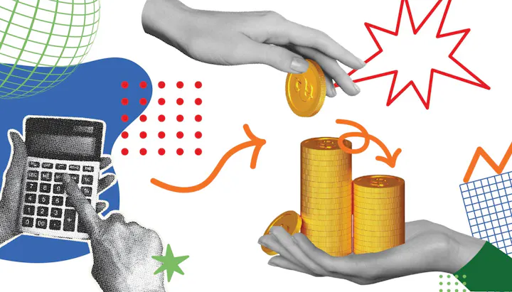 An illustration featuring currency coins, hands, a calculator, and abstract shapes, suggesting finance or investment concepts.