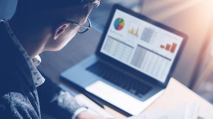 Person sitting at a laptop looking at charts