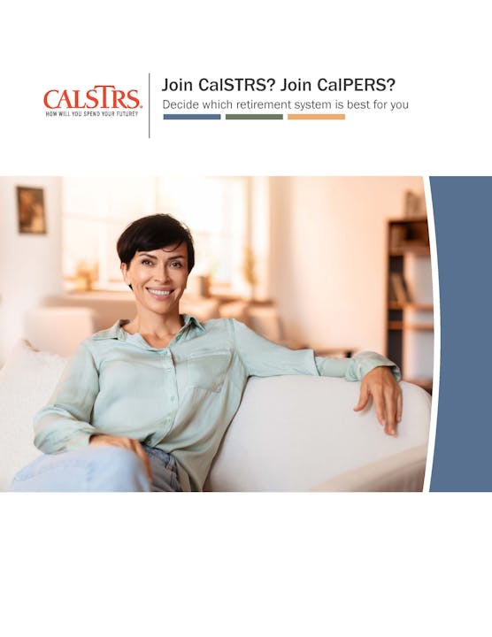 A smiling woman on a sofa with the title Join CalSTRS? Join CalPERS?