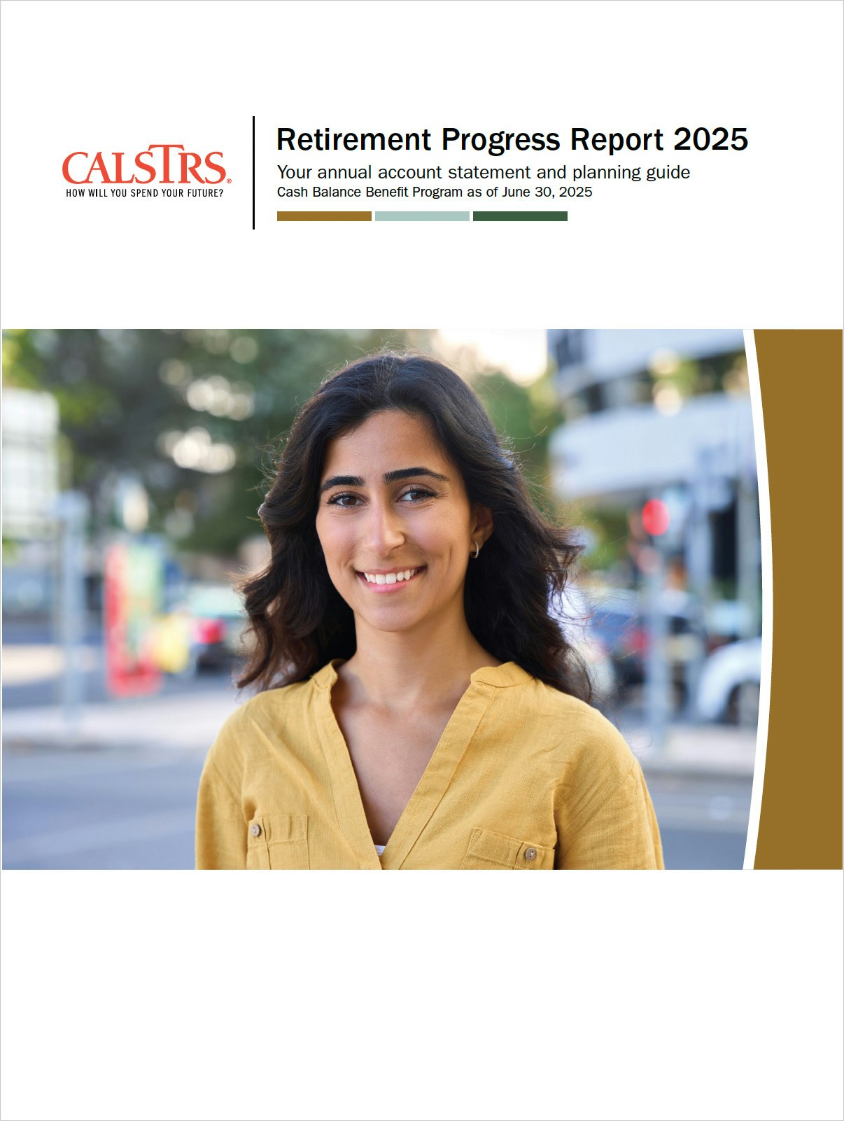The image features a "Retirement Progress Report 2025" from CalSTRS, with a woman smiling on the cover.