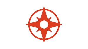 A red compass rose icon on a white background.