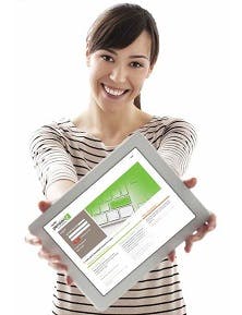Woman holding tablet with Pension2 website displayed