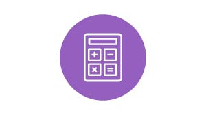 The image features a simple calculator icon set against a purple circular background.
