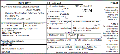 US tax form 1099-R for reporting distributions from pensions, annuities, retirement plans, etc., for the year 2024.
