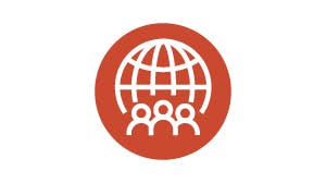 The image features a globe icon with three figures in front, symbolizing global community or collaboration.