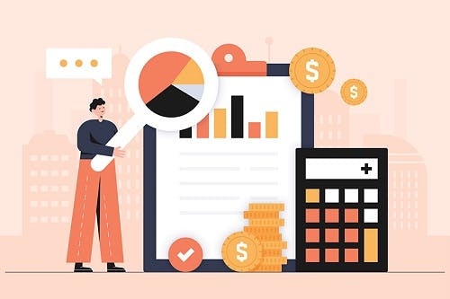 Cartoon person standing next to graphs and a calculator