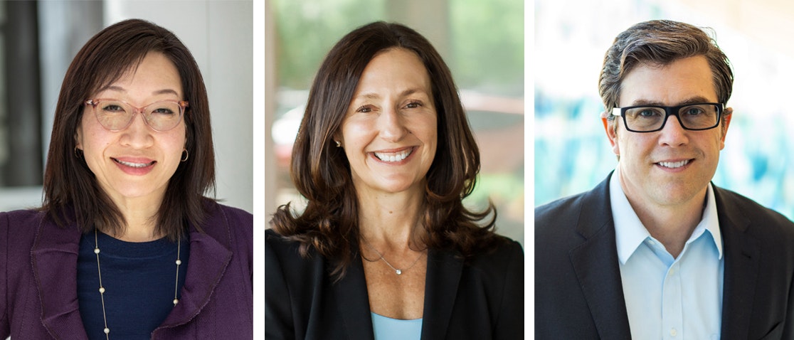 Three professional headshots in a row, featuring two women and one man, all smiling against indoor backgrounds.