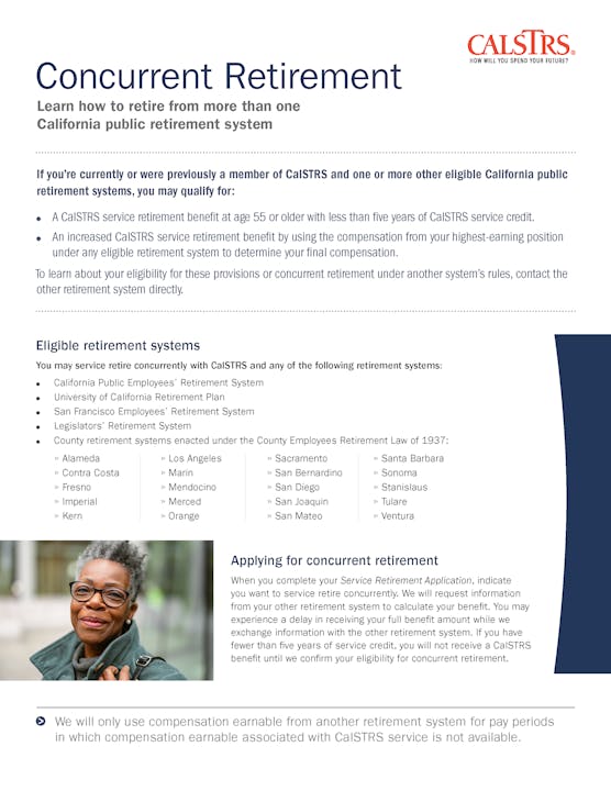 Informational document about Concurrent Retirement with CalSTRS for California public retirement systems.