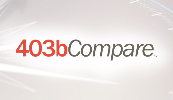 Logo with text "403bCompare" and a trademark symbol on an abstract background.