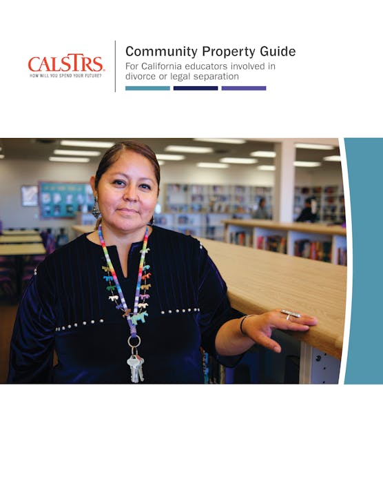 A woman in a library on a publication about community property guidelines for California educators dealing with divorce or separation.