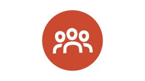 The image features a stylized icon of three people, set against a circular red background.