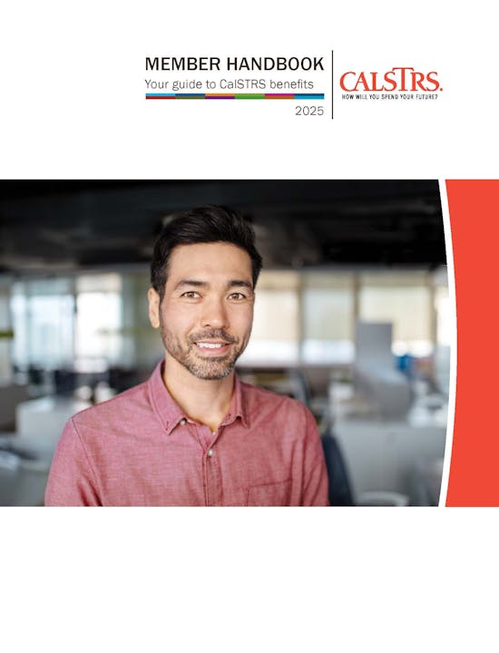 CalSTRS 2025 Member Handbook cover with a smiling person in a red shirt in an office setting.