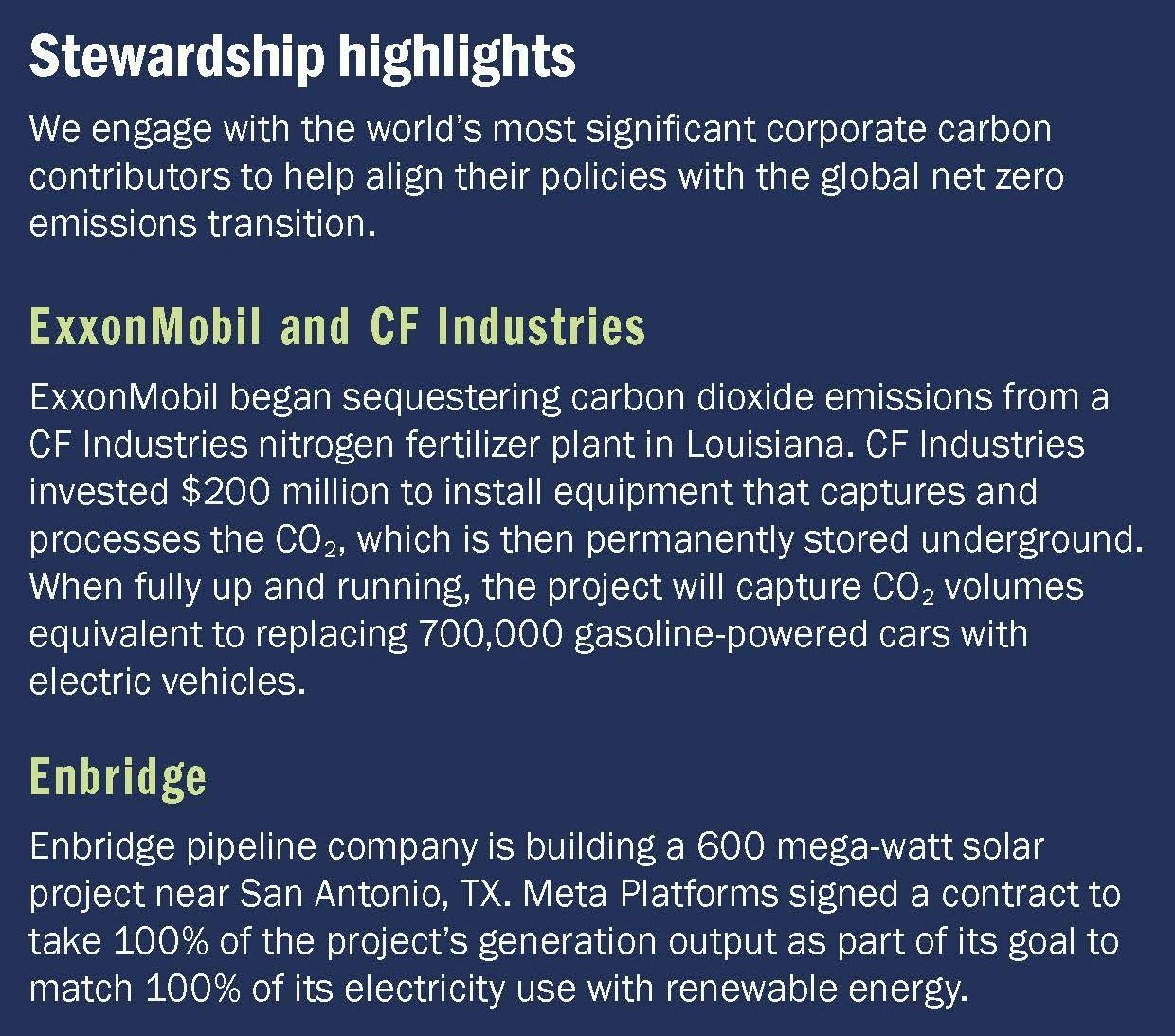 Highlights corporate efforts on carbon reduction: ExxonMobil's CO2 sequestration project and Enbridge's solar energy initiative.
