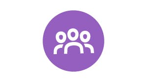 The image features a simple purple circle icon with three stylized human figures, symbolizing community or teamwork.