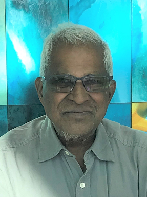Dr. Niladri Mantena has short white hair and wears glasses.