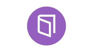 The image features a minimalist logo of an open book within a purple circle.