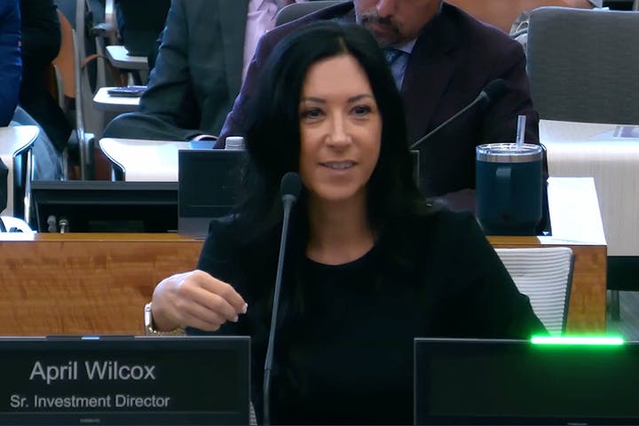 A woman with long black hair speaks at a meeting, identified as a Senior Investment Director. Others are seated behind her.