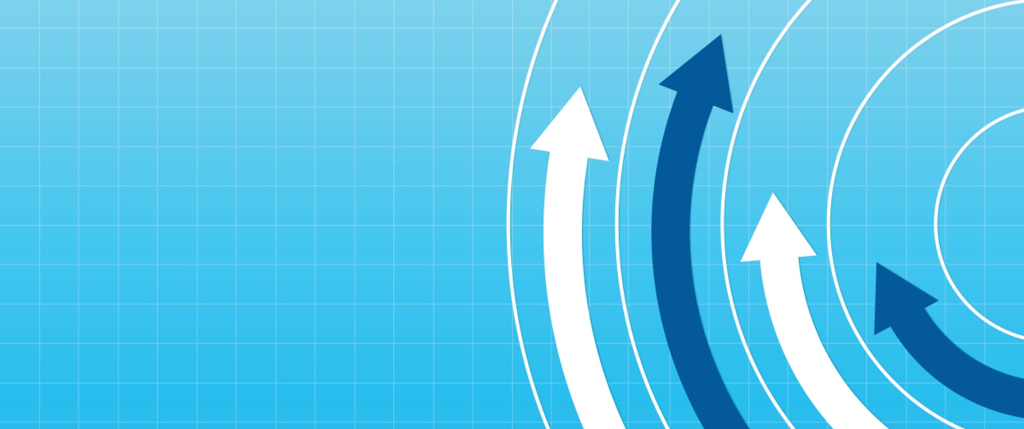 Blue grid background with upward curving arrows in white and blue.