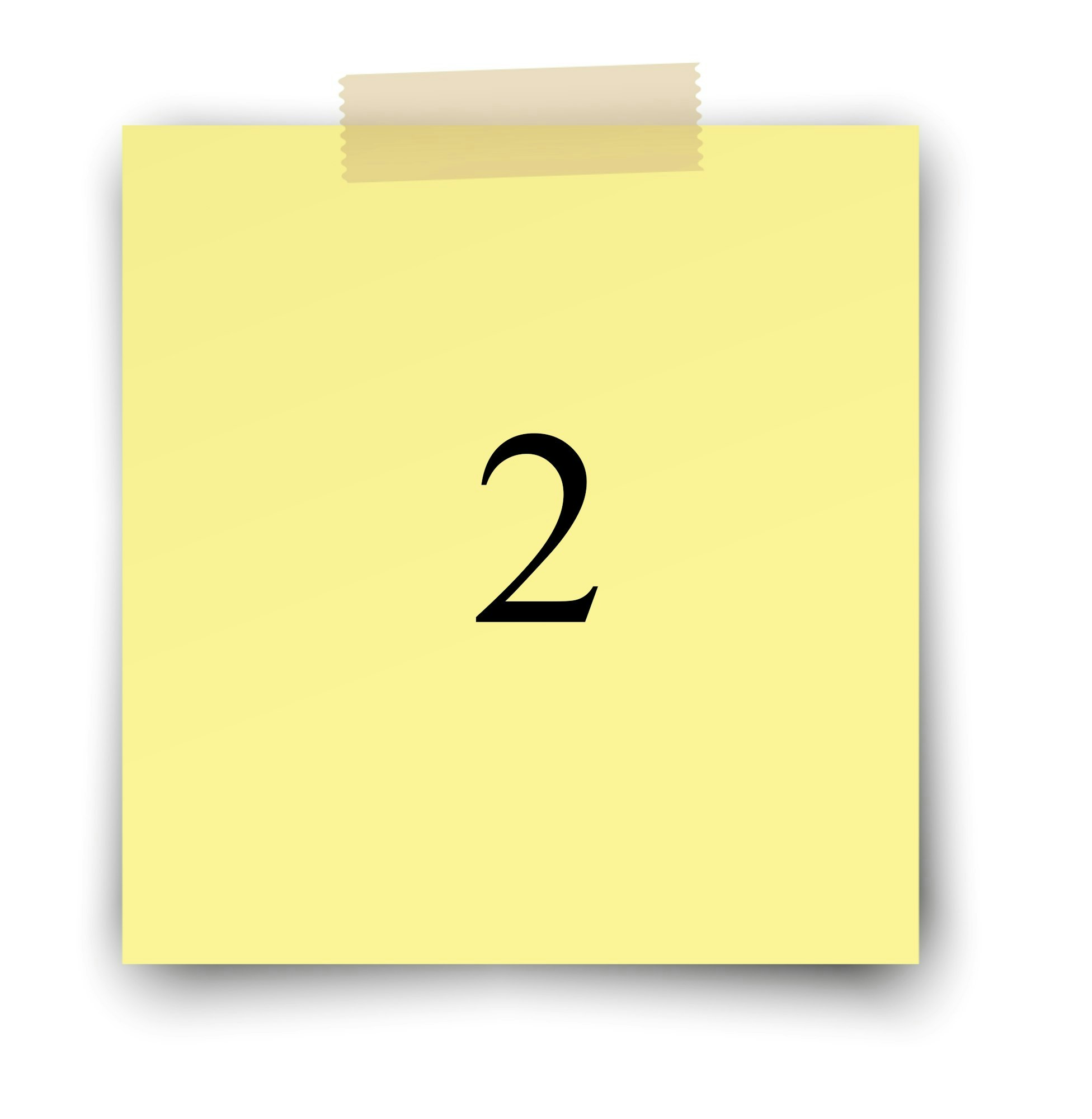 A yellow sticky note with the number "2" on it, affixed with tape at the top.