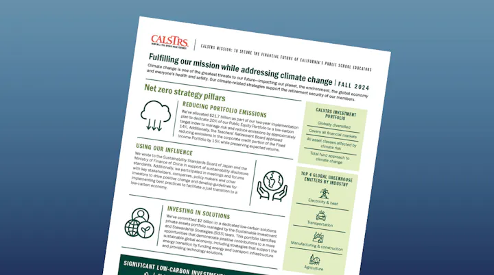 An infographic page discussing a net zero strategy addressing climate change, with focus on investment and emissions reduction.