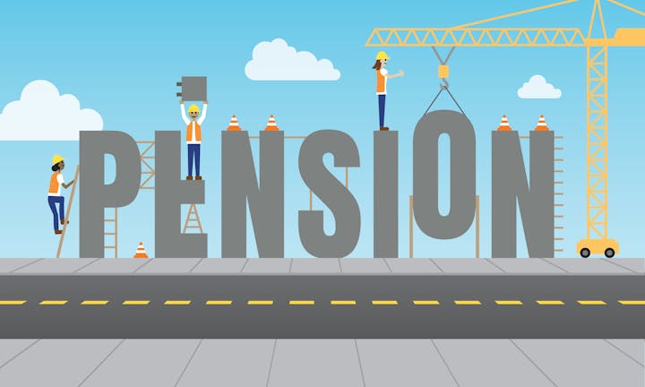 Cartoon construction workers building the word "Pension"