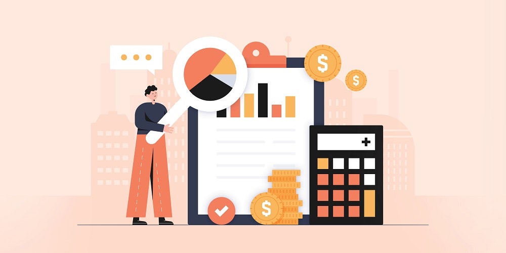 Cartoon person standing next to graphs and a calculator