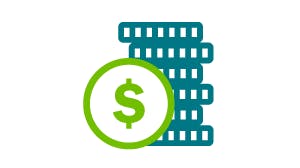 A stack of coins and a green dollar sign inside a circle.