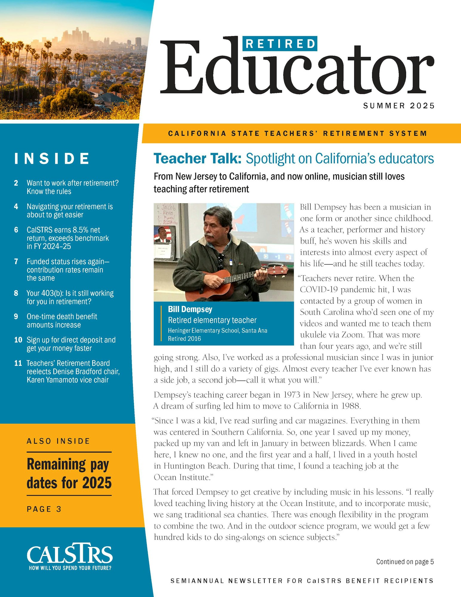 Newsletter cover for "Retired Educator" features a spotlight on retired teacher Bill Dempsey and various retirement topics.