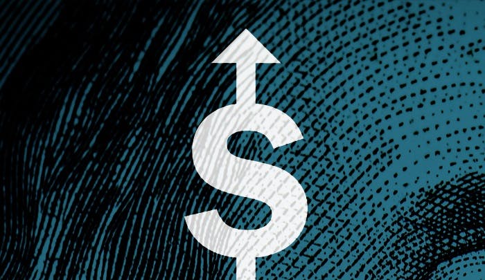 A white dollar sign with an upward arrow on a dotted blue background.