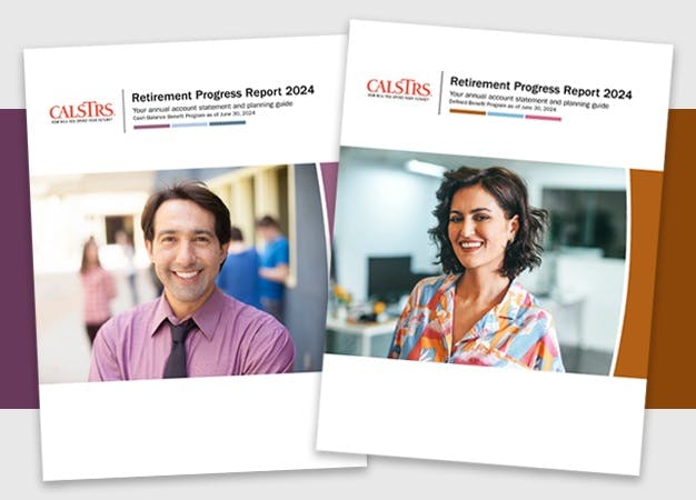 Two brochures featuring smiling individuals with "Retirement Progress Report 2024" written on them.