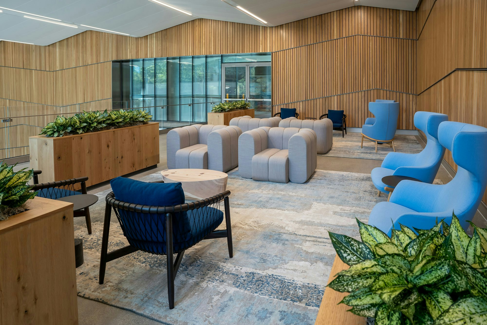 Modern office lobby with wooden paneling, blue armchairs, planters, and a rustic carpet.