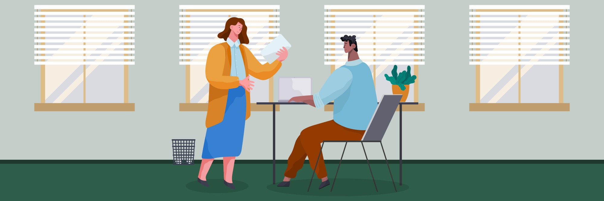 A woman handing papers to a man sitting at a desk with a laptop, three windows with blinds, and a potted plant.