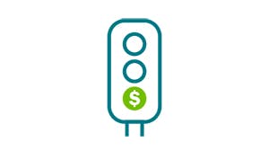The image shows a simplified traffic light design with a dollar sign, suggesting a theme of cost or expenditure related to traffic.