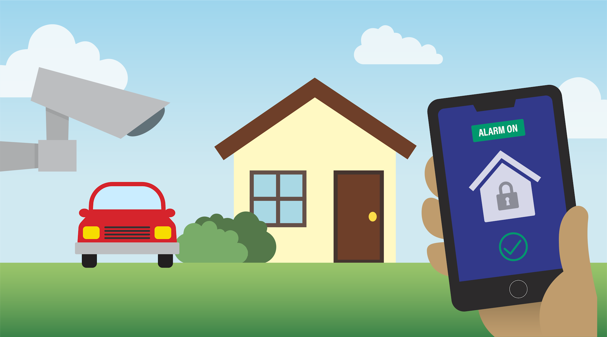 A security camera watching a red car and a house. A hand holding a phone that says the home alarm is on.