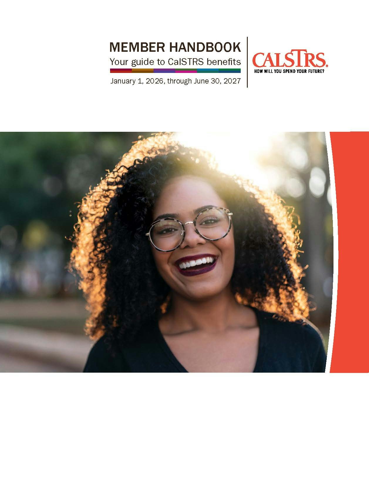 The image shows a member handbook for CalSTRS benefits, valid from January 2026 to June 2027, featuring a smiling woman on the cover.