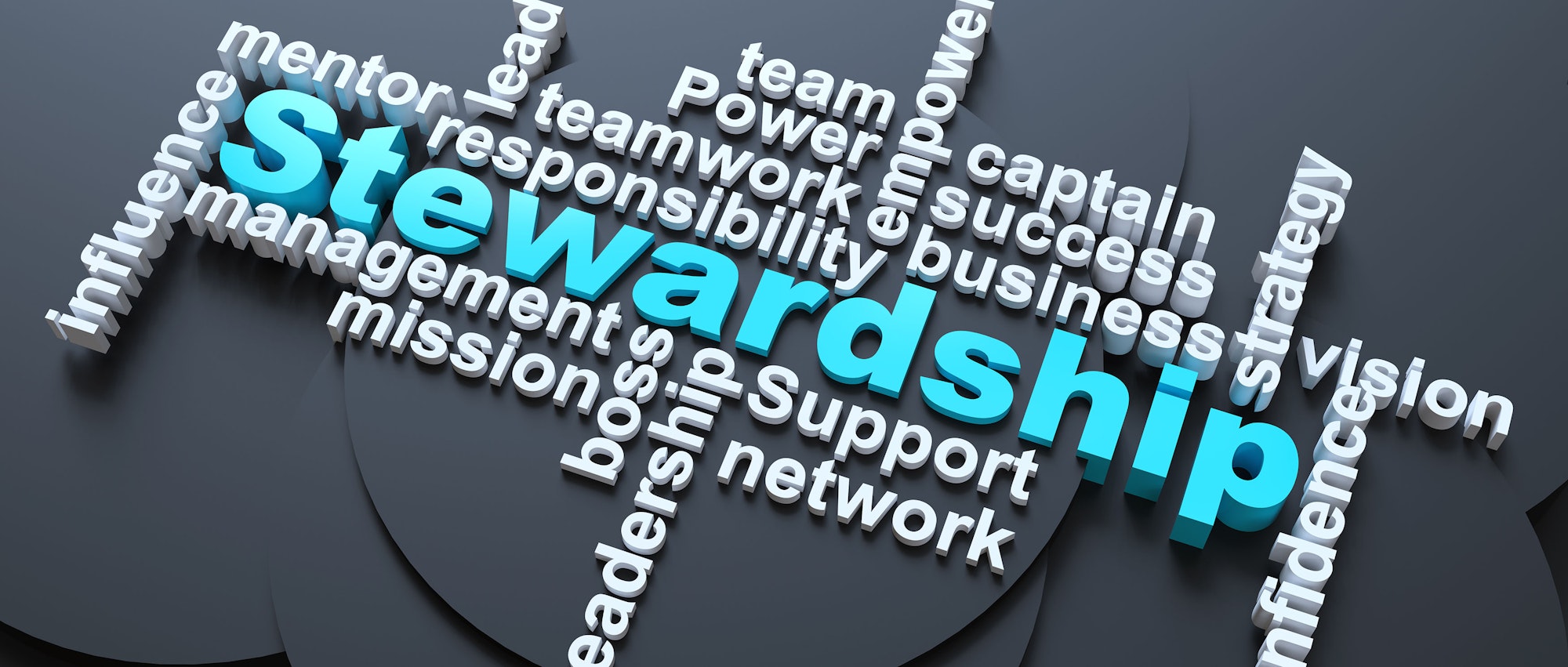 3D words around "Stewardship" like management, leadership, teamwork, and success on a dark background.