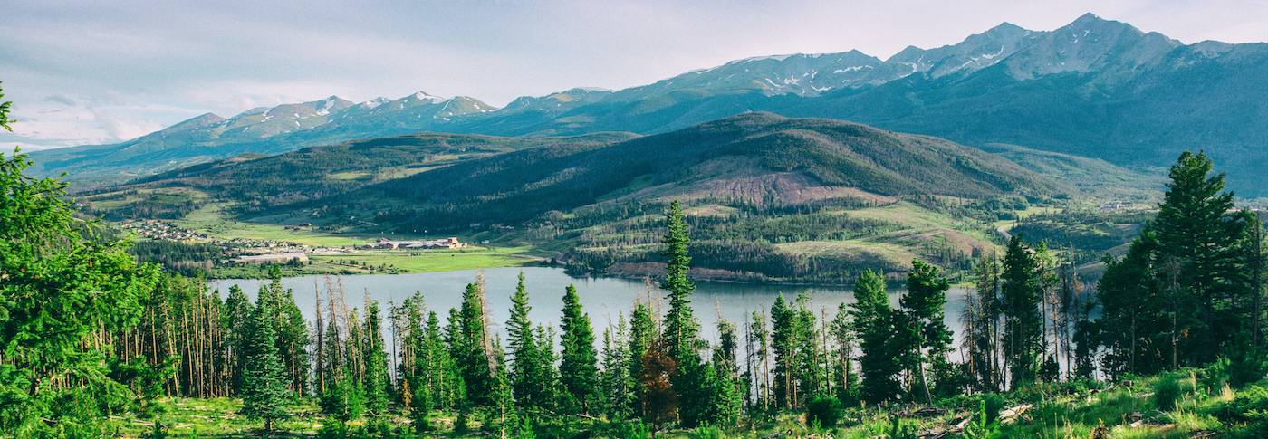 Lush green forest, a reflective lake, rolling hills, and distant snow-capped mountains under a clear sky.