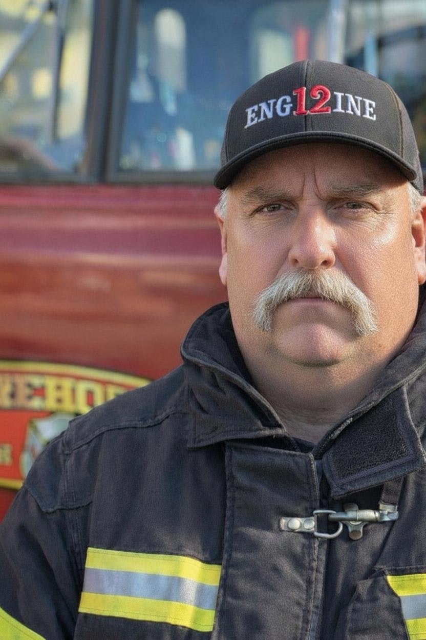 A serious-looking firefighter in a cap with "ENG12INE" on it, standing in front of a fire truck.