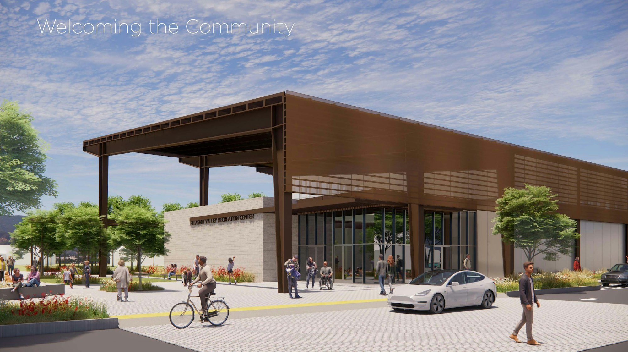 A modern recreation center with landscaping, people, and various activities promoting community engagement.