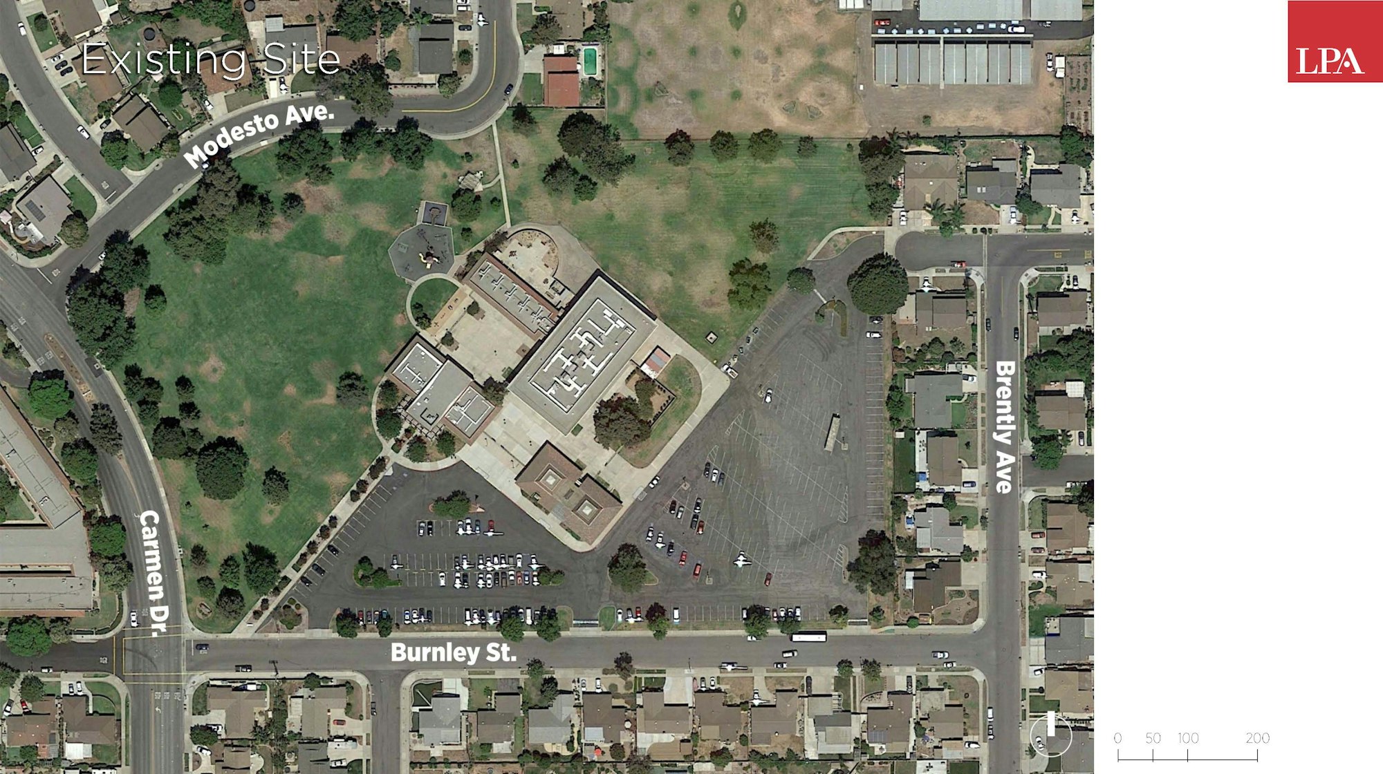 The image shows an aerial view of an existing site with streets labeled, including Modesto Ave., Burnley St., and Brently Ave.