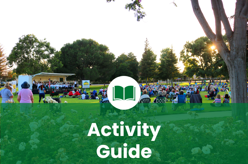Outdoor event with people sitting on grass, text "Activity Guide" & a book icon.